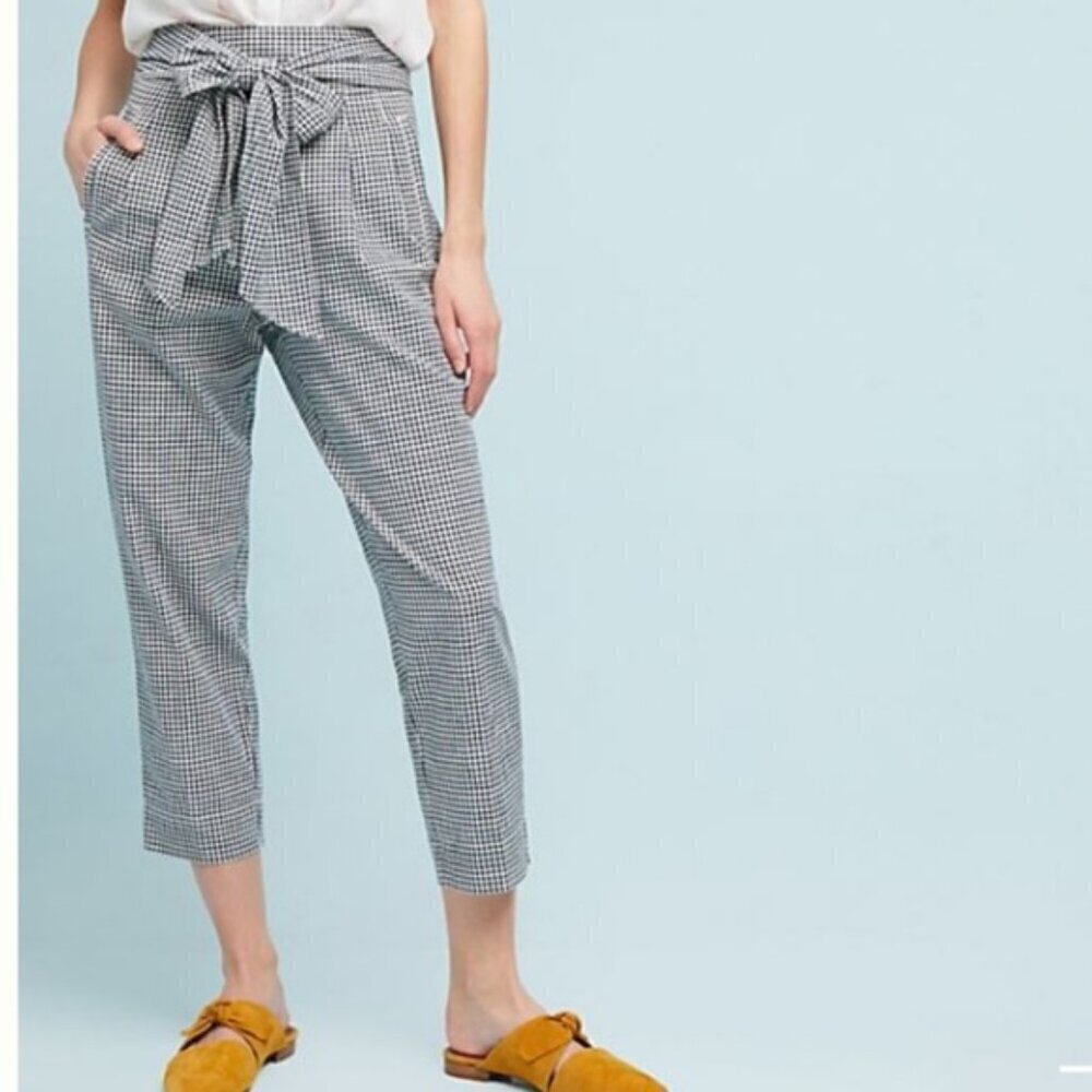 Anthropologie Cartonnier Tie Waist Gingham Trouser Navy‎ 0